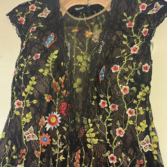 Jovani Sheer Embroidered Over Lace Plunging Neck Cocktail  Dress Whimsical Gothi - Picture 10 of 11